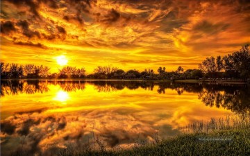  Landschaftsmalerei Malerei - Sonnenaufgang Goldener Clauds See Landschaftsmalerei von Fotos zu Kunst